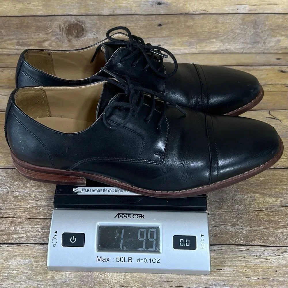 Black Leather Cap Toe Oxford Derby Dress Shoes SZ 7 Brown Stacked Heel‎ Mens